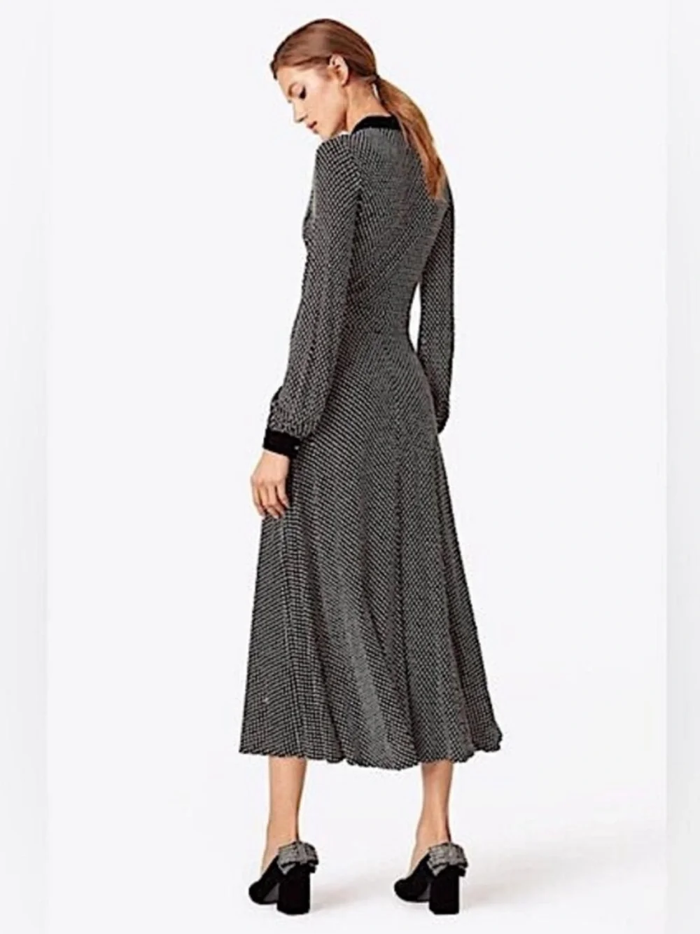 Tory Burch Anja Midi Dress Black Velvet Jazz Dot Long Sleeve Small $598
